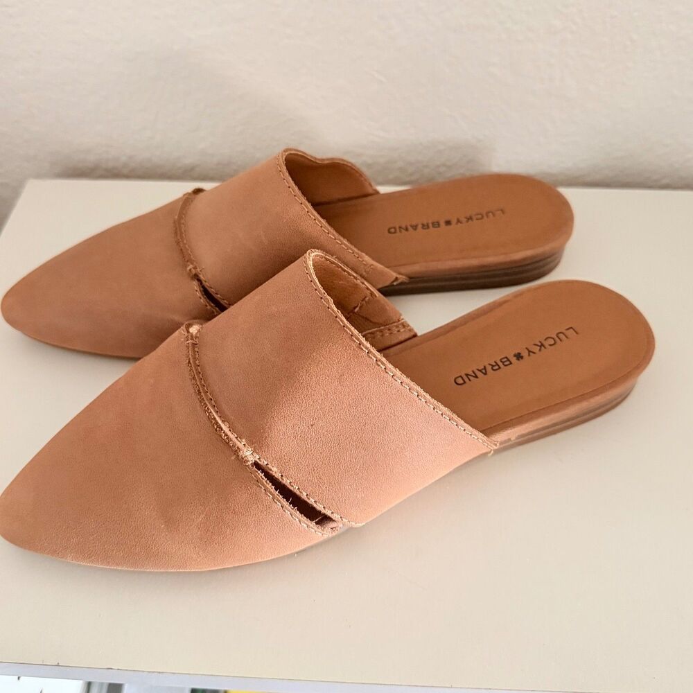 Lucky Brand Leather Mule Slides Women Size 7 Brown Tan Slip On Pointed Toe Fla - Picture 4 of 8